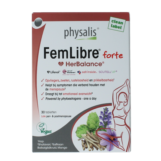 Physalis FemLibre Forte 30 tablets, dietary supplement with herbal ingredients, in a blister pack, for women's health support.