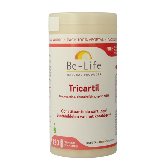 Be-Life Tricartil mineral supplement softgels in a bottle, showing the product label and softgel capsules.