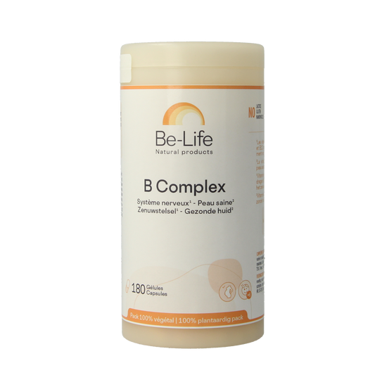 Be-Life B complex multivitamin capsules in a bottle, dietary supplement for energy and overall health.