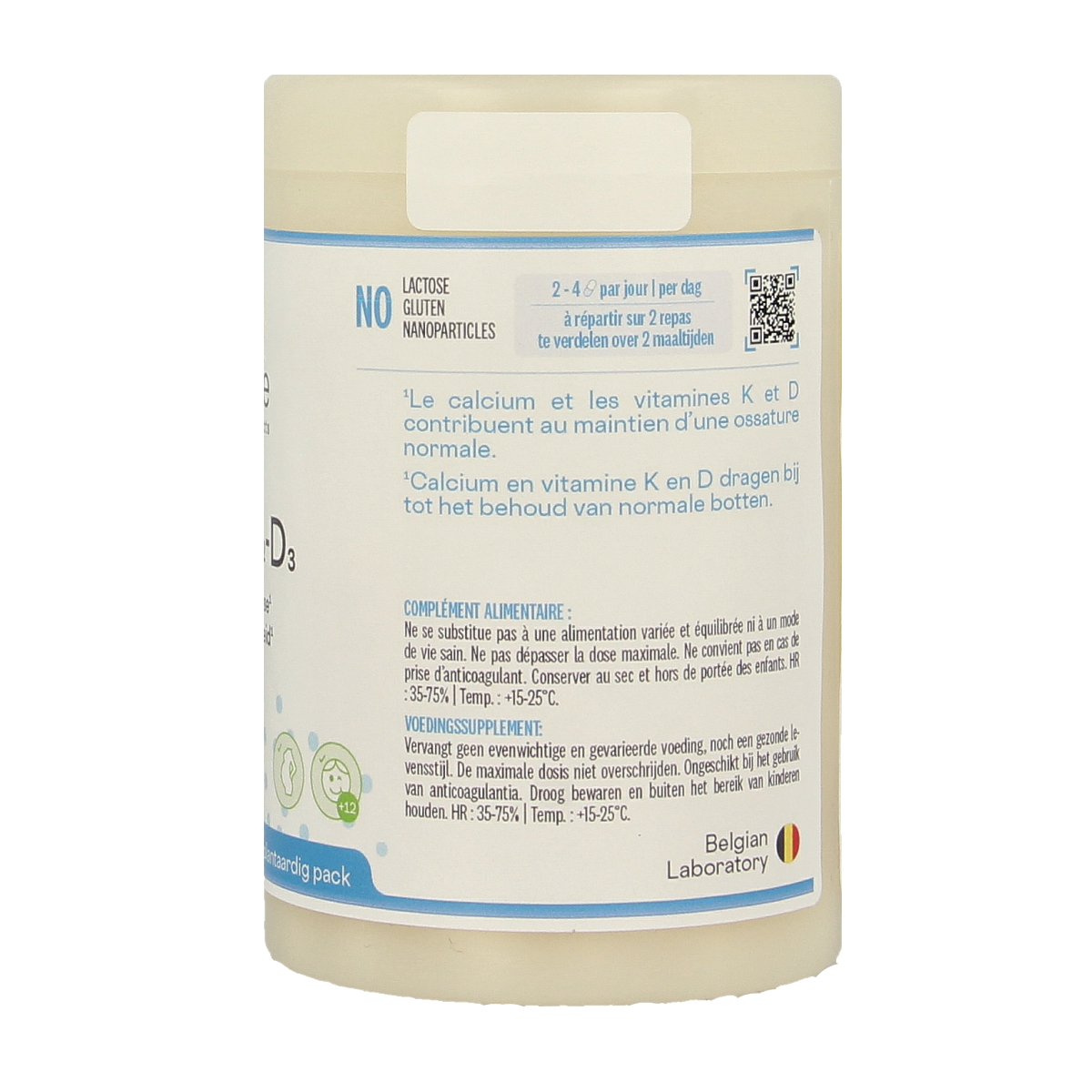 Be-Life Calci K2 D3 mineral multivitamin capsules in a clear container, featuring orange and blue label with capsules inside.
