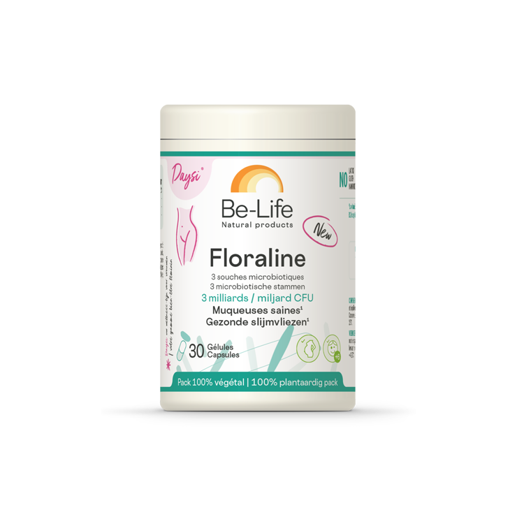Be-Life Floraline 30 capsules of micro-organisms supplement, showing the capsule bottle with label and capsules inside.