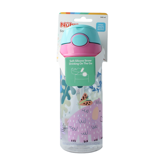 Nuby roze kinder beker met zacht rietje en drukknop, 540ml, geschikt voor kinderen 4 jaar en ouder, 1 stuk