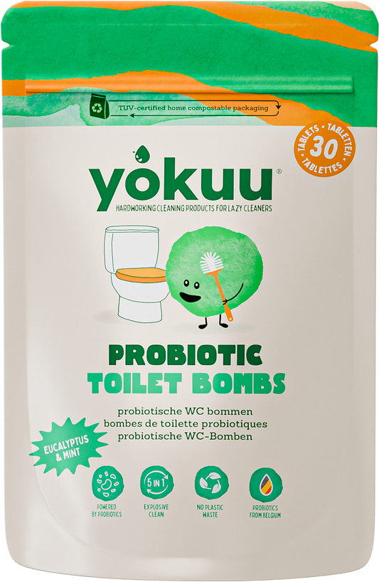 Yokuu Toilet Bomb probiotic tablets for bathroom cleaning, showing a close-up of the packaging with 30 tablets inside.