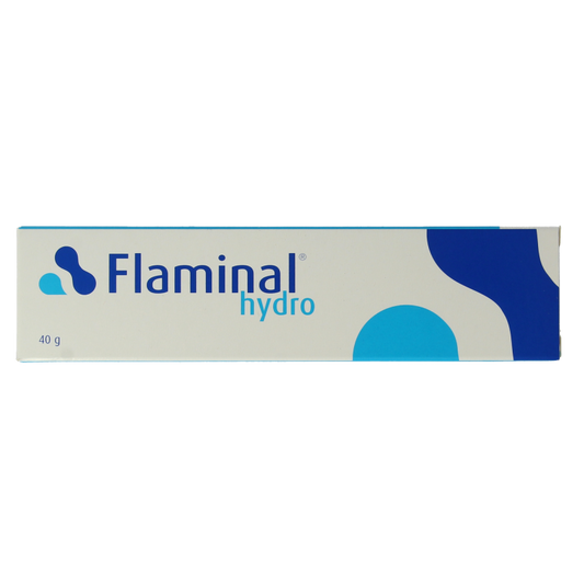 Flaminal Hydrogel for burns, 40g, soothing wound dressing with brand name visible, in a clear container.