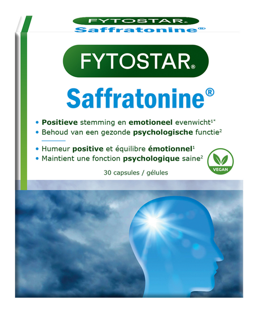 Fytostar Saffratonine herbal supplement capsules in a bottle, showcasing the product packaging and capsules inside.