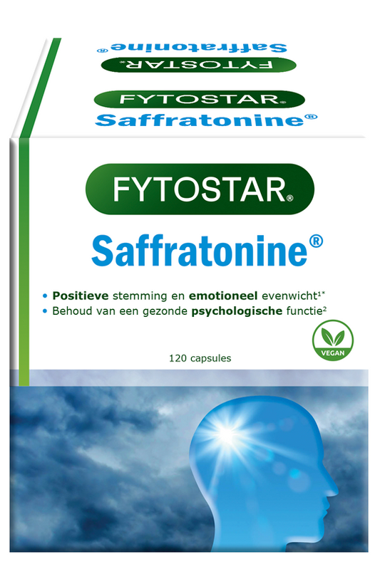 Fytostar Saffratonine capsules, herbal supplement in a clear bottle with a white label, featuring the Fytostar brand logo.