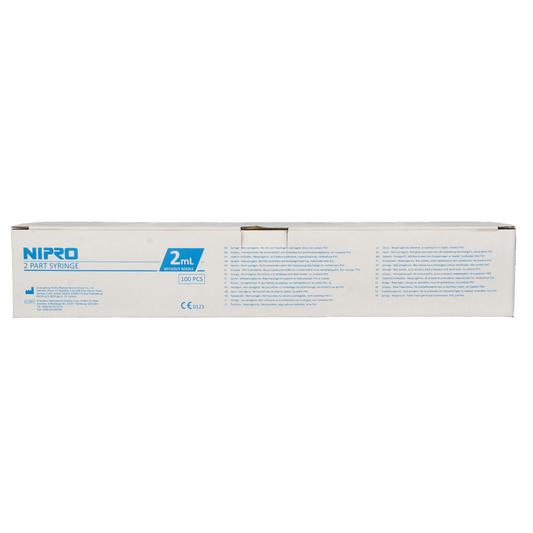 Nipro 2ml 2-piece cylindrical injection syringe, sterile medical instrument for precise injections, shown in image.