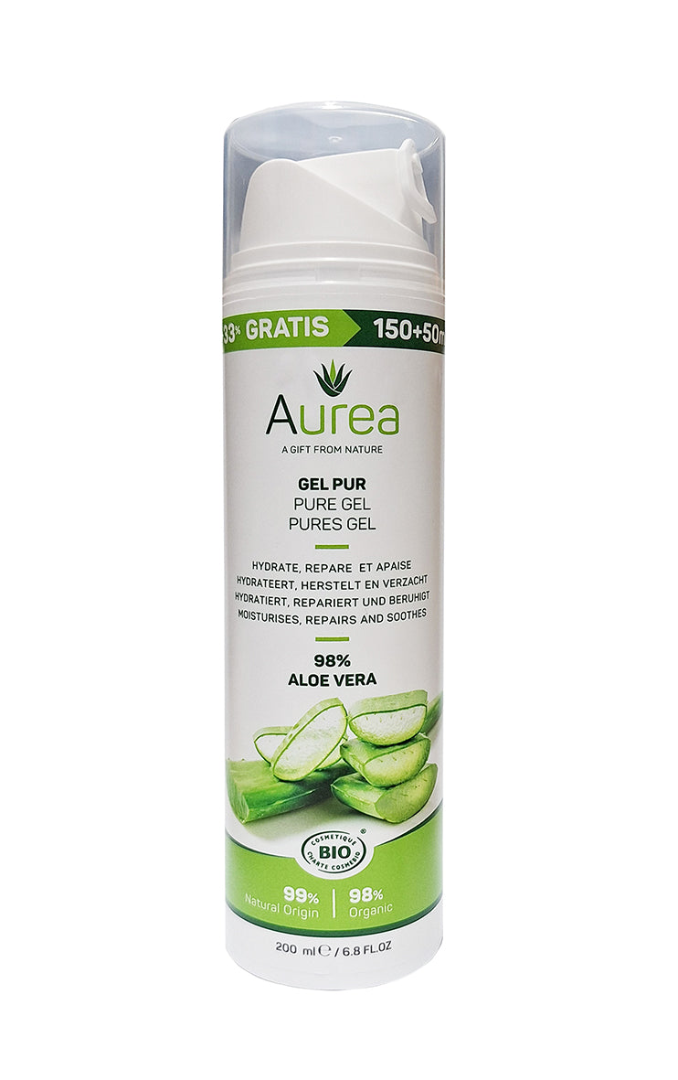 Aurea Aloe Vera huidgel in 200ml bottle, natural body care gel for soothing and moisturizing skin.