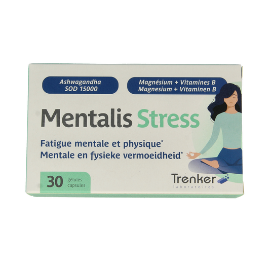Trenker Mentalis stress herbal supplement capsules in a bottle with a label showing the product name and brand.