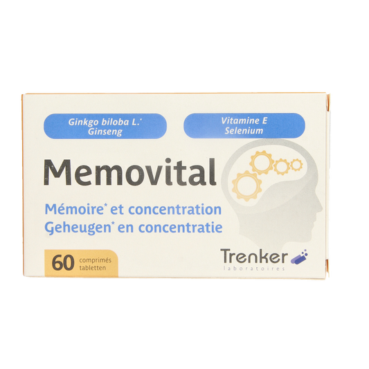 Trenker Memovital herbal supplement box with 60 tablets, natural herbal product for wellness and vitality.