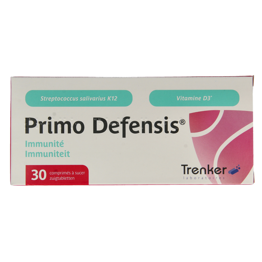 Trenker Primo Defensis multivitamin lozenges in a blister pack, featuring orange and white capsules for immune support.
