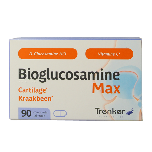 Trenker Bioglucosamine Max mineral supplement bottle with 90 tablets, showcasing the product label and tablets inside.