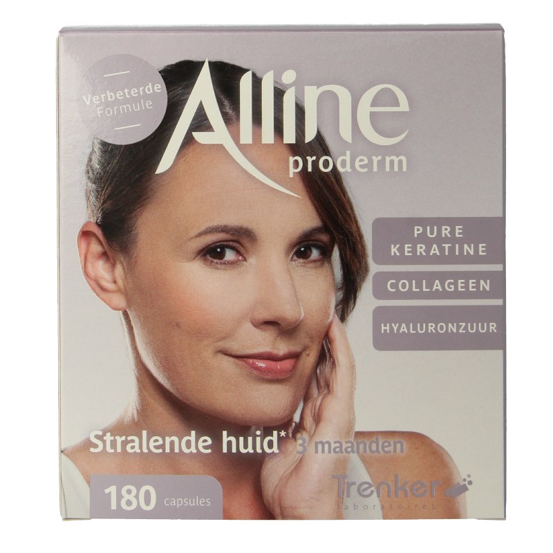 Trenker Alline Proderm dietary supplement capsules in a bottle, natural herbal supplement for skin and overall health.