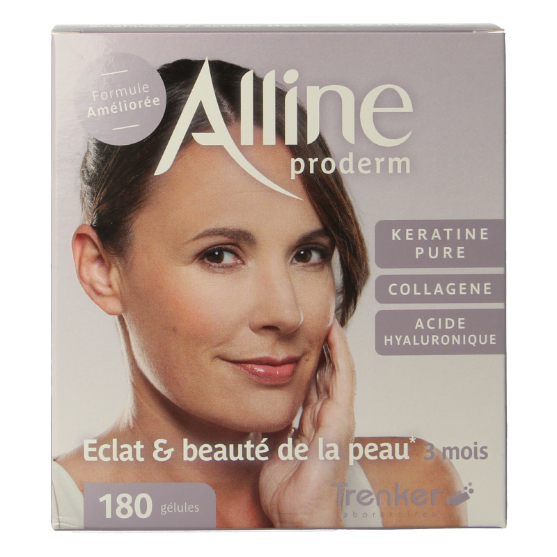Trenker Alline Proderm 180 capsules, dietary supplement with herbal ingredients, in a white bottle with label.