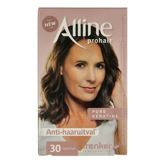 Trenker Alline prohair multivitamin tablets for hair health, featuring a white bottle with label and tablet capsules inside.