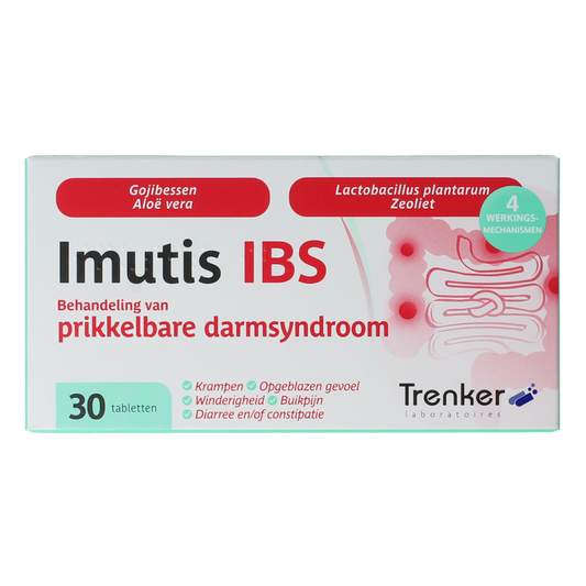 Trenker Imutis IBS dietary supplement tablets in a blister pack, natural herbal support for digestive health.