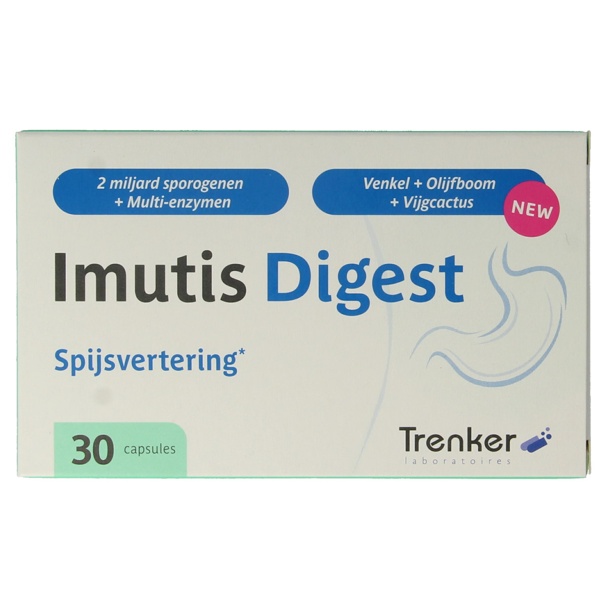 Trenker Imutis Digest capsules with micro-organisms, 30 capsules, showing the product packaging and capsules.