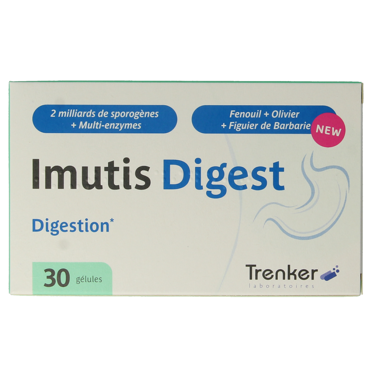 Trenker Imutis Digest capsules with micro-organisms, 30 capsules in a white bottle for digestive health.