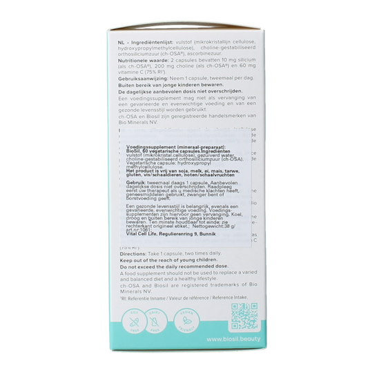 Biosil mineral multivitamin capsules for skin, hair, and nails, vegetarian dietary supplement in a white bottle.