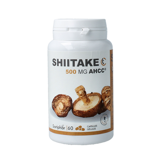 SoriaBel Shiitake AHCC 500mg capsules in a bottle, dietary supplement from SoriaBel's herbal preparations line.