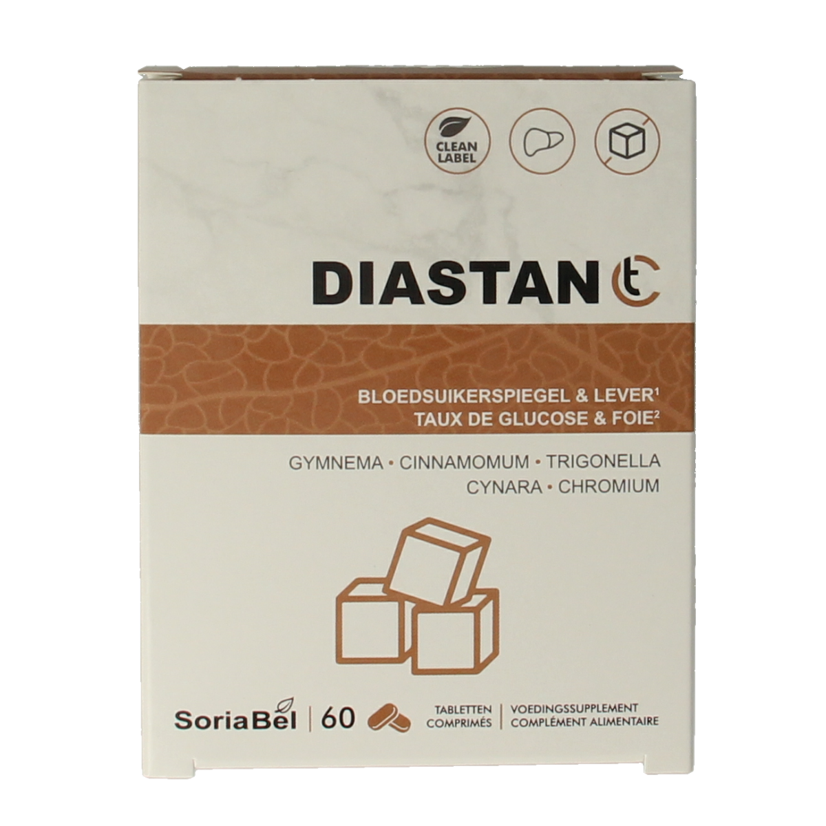 SoriaBel Diastan CT 700mg herbal supplement in a blister pack of 60 tablets, natural kruidenpreparaten by SoriaBel.