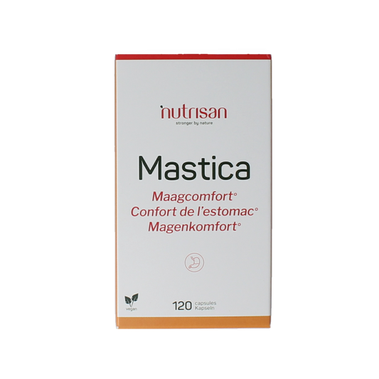 Nutrisan Mastica capsules, herbal supplement in a white bottle with label, displayed on a plain background.