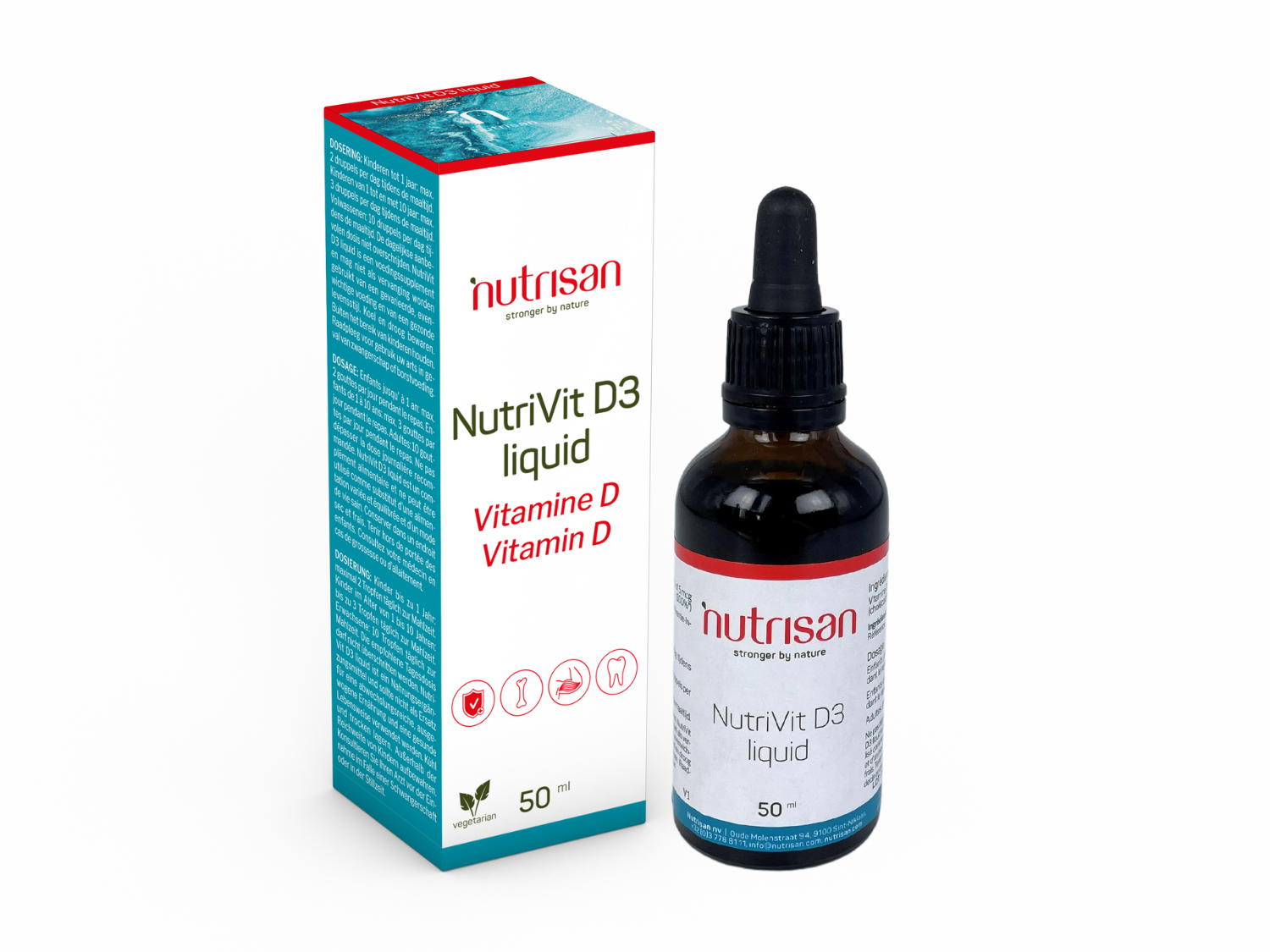 Nutrisan Nutrivit D3 liquid supplement in a 50ml bottle, vitamin D3 supplement with natural liquid form for daily health support.