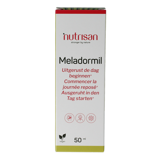 Nutrisan Meladormil herbal supplement in a 50ml bottle, part of Nutrisan's herbal preparation range with a white label and clear cap.