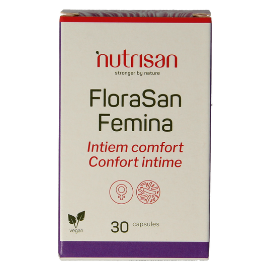 Nutrisan Florasan Femina probiotic capsules, containing micro-organismen, in a white bottle with label and capsules inside.