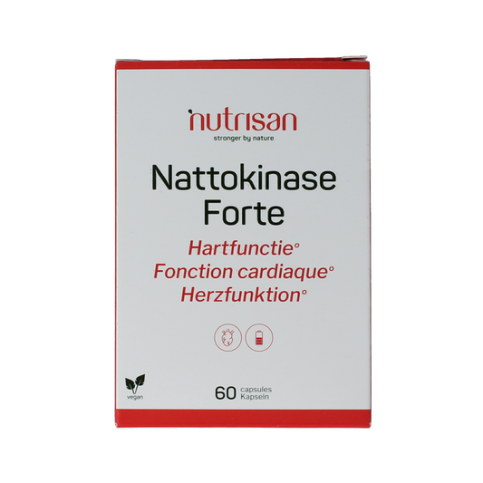 Nutrisan Nattokinase Forte capsules, dietary supplement with fiber and enzymes, in a bottle with 60 capsules.