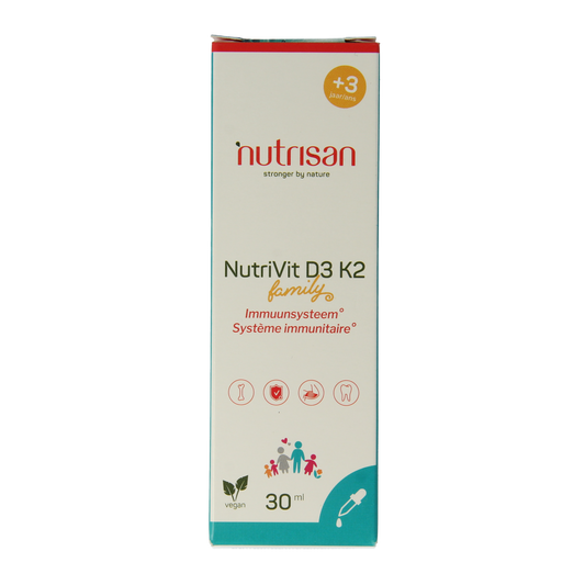 Nutrisan Nutrivit D3-K2 multivitamin bottle with 30ml liquid supplement, featuring colorful label and dropper cap.