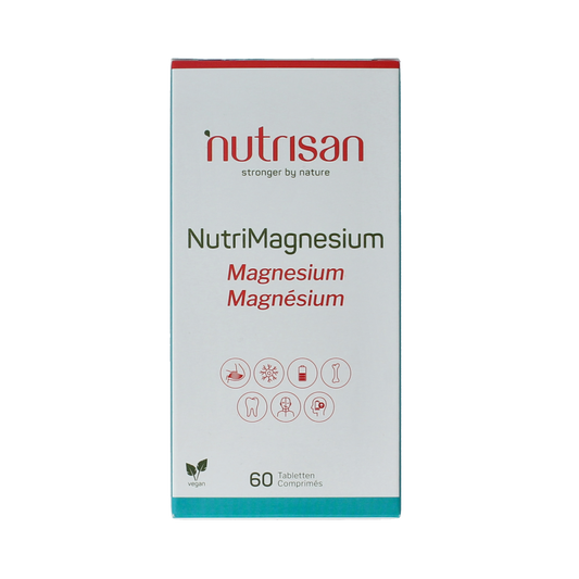 Nutrisan Nutrimagnesium mineral tablets, 60 count, showing the supplement packaging and tablets in a blister pack.