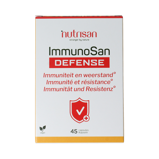 Nutrisan Immunosan Defense vegetarian herbal capsules, dietary supplement for immune support, shown in blister pack.