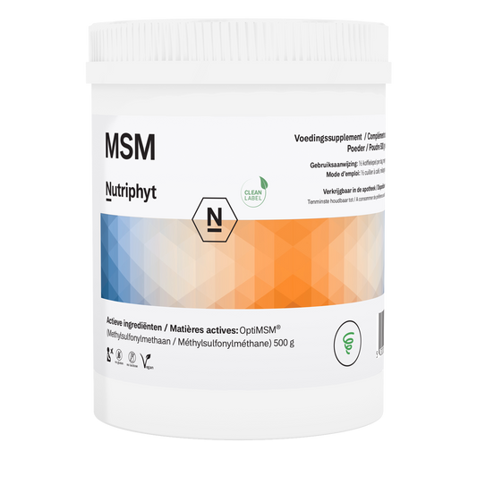 Nutriphyt MSM mineral supplement in a 500g container showing the product label and packaging.