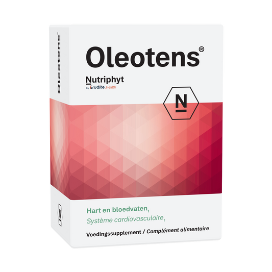 Nutriphyt Oleotens herbal supplement tablets, 60-count, in plastic bottle, showing the product label and tablets inside.