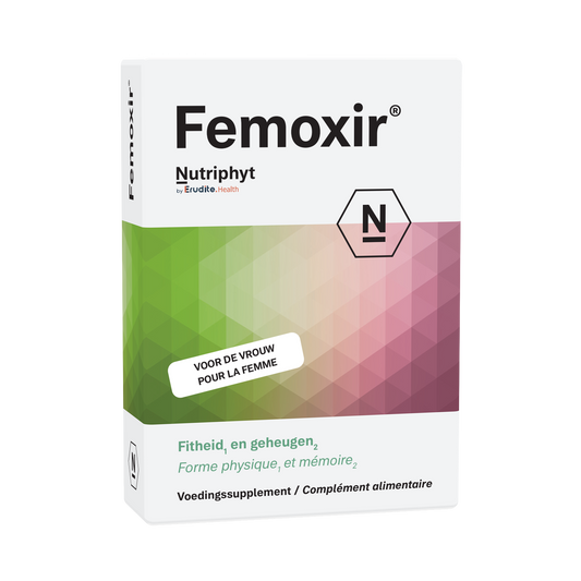 Nutriphyt Femoxir herbal supplement in a box with 30 tablets, natural herbal ingredients for women's health.