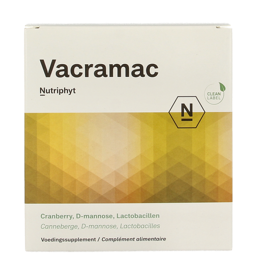 Nutriphyt Vacramac micro-organismen capsules in a bottle, dietary supplement for gut health and digestion.