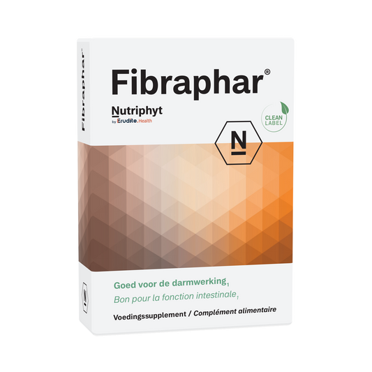 Nutriphyt Fibraphar probiotic capsules featuring micro-organisms, in a white bottle with label and capsule images.