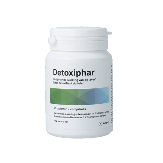 Nutriphyt Detoxiphar herbal supplement tablets in a blister pack, designed for detox and wellness support.