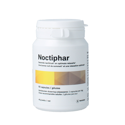 Nutriphyt Noctiphar herbal capsules for relaxation and sleep support, featuring natural herbal ingredients in a clear container.