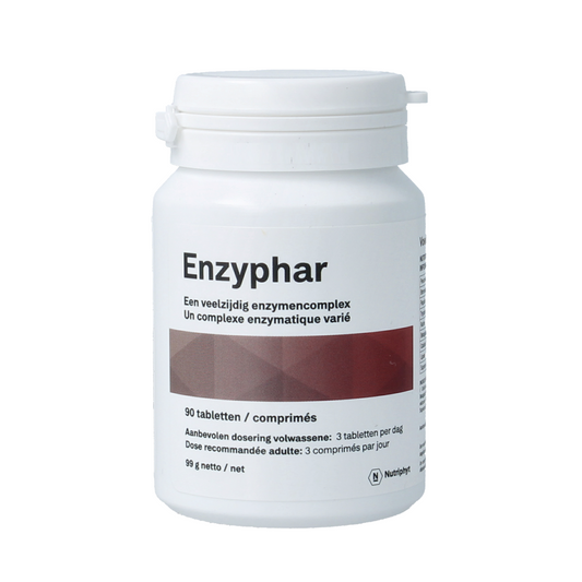 Nutriphyt Enzyphar 90 tablets, fiber and enzyme supplement, showing the bottle and tablets inside.
