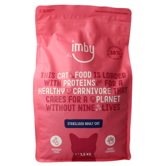Imby Pet Food kattenbrokken met insecteneiwitten in 1500 gram verpakking, geschikt voor kattenvoeding.