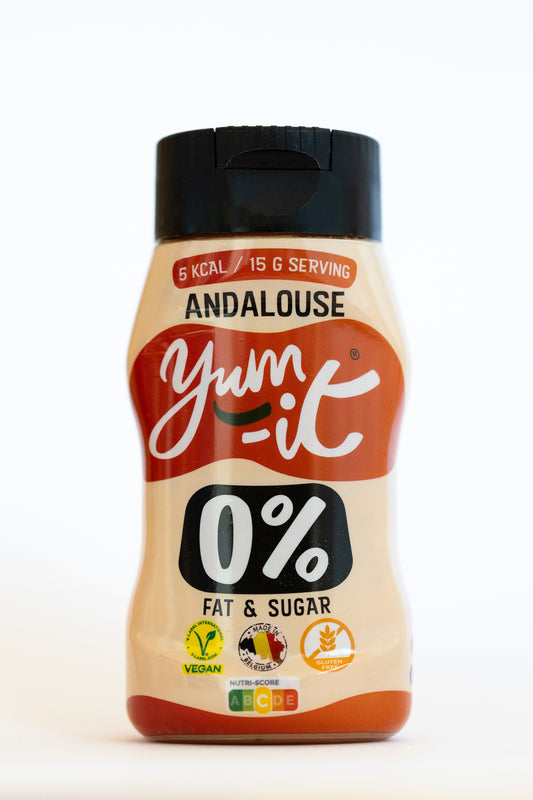 Yum-It Andalouse sauce jar showing label with product name and brand, 300g, in a clear glass jar with sauce visible inside.