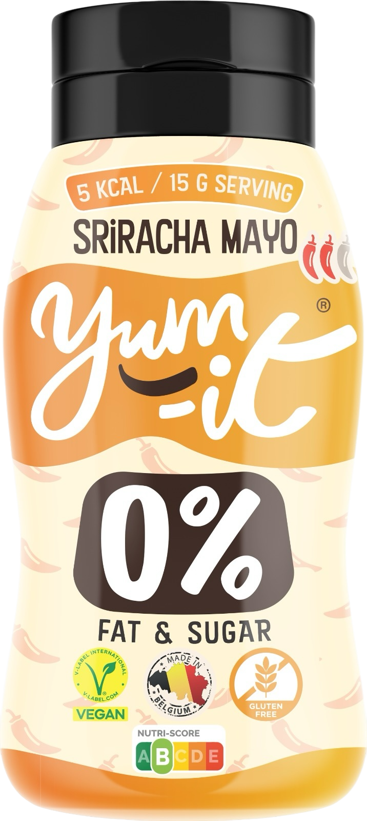Yum-It Sriracha mayo 300g jar, creamy spicy sauce with red chili and garlic ingredients, in a clear glass container.