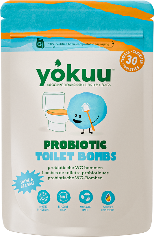 Yokuu toilet bomb with thyme and sea salt, 30 tablets, for freshening and cleaning toilets, in a colorful package.