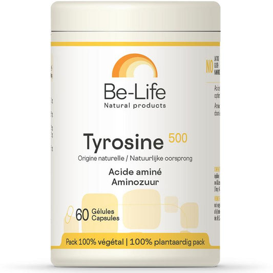 Be-Life Tyrosine 500 softgels, dietary amino acid supplement, close-up of the 60 softgels bottle on a plain background.