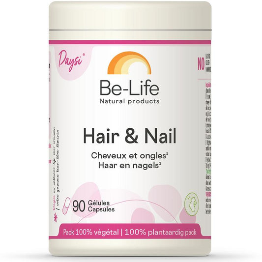 Be-Life Hair & Nail softgels bottle showing 90 multi-vitamin softgel capsules for hair and nail health.