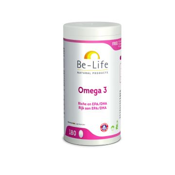 Be-Life Omega 3 500 Vetzuren capsules, showing a bottle of 180 softgel capsules on a white background.