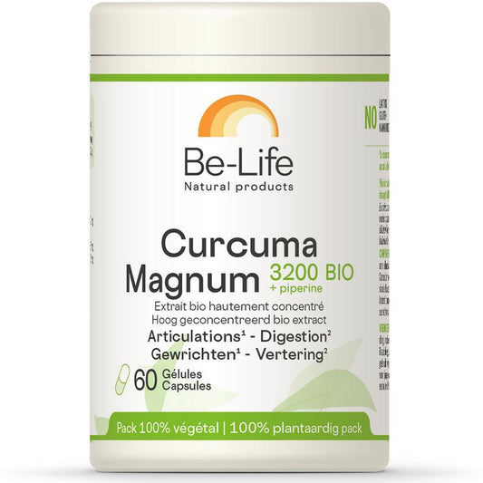 Be-Life Curcuma Magnum 3200 + piperine bio softgels bottle, dietary supplement with turmeric and black pepper extract.