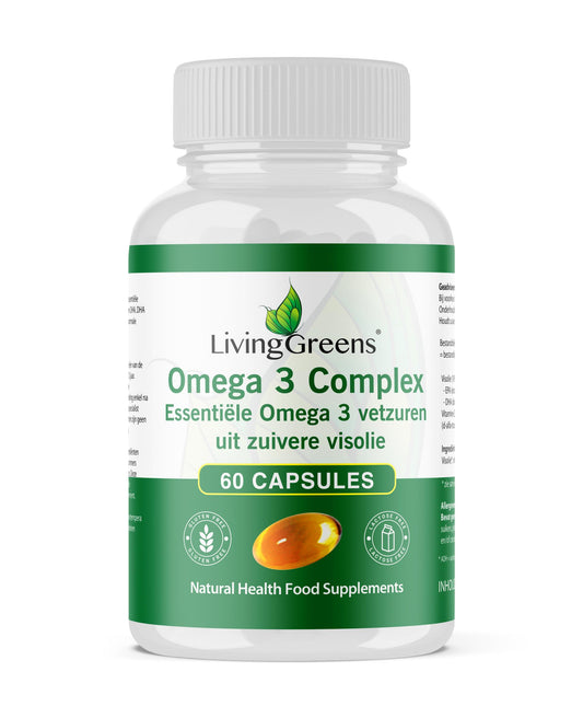 Livinggreens Omega 3 visolie complex capsules, softgel bottles with 60 capsules, dietary supplement for healthy omega-3 intake